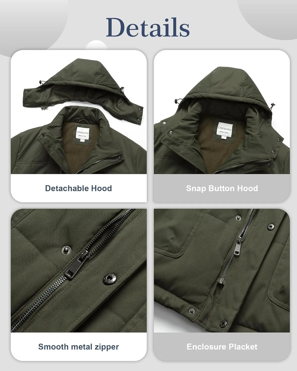 Chrisuno Men's Big and Tall Winter Coat Insulated Military Parka Jacket Waterproof Fleece Lined Thickened Detachable Hood