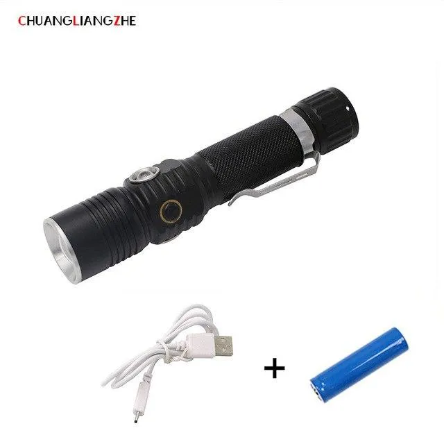 CHUANGLIANGZHE LEDT6 Light Flashlight Telescopic Focusing USB Rechargeable Flashlight UV Banknote Light Pen 18650 Battery