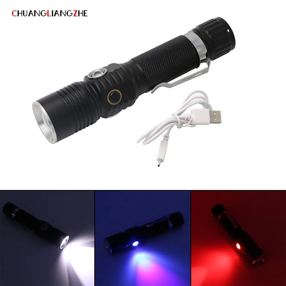 CHUANGLIANGZHE LEDT6 Light Flashlight Telescopic Focusing USB Rechargeable Flashlight UV Banknote Light Pen 18650 Battery