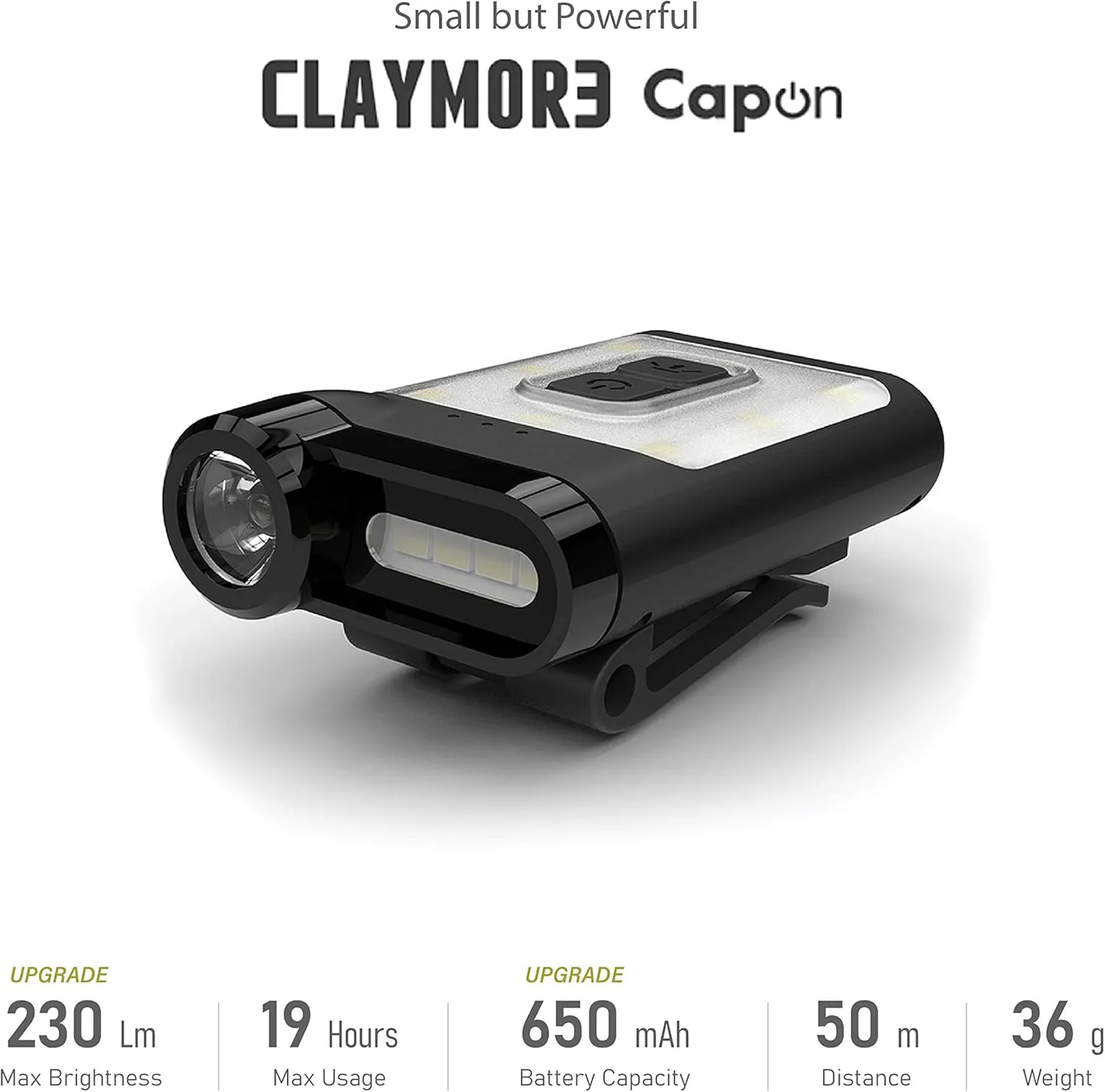 Claymore Capon 65A  (Tan) - LED Rechargeable Clip-On Cap Headlamp, Lightweight Hat Light for Camping, Running, Hiking, Emergency & Industrial Use, Waterproof, USB-C, Up to 19 Hours of Battery Life.