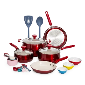Clean Ceramic 23 Piece Non-Stick Aluminum Cookware Set, Red
