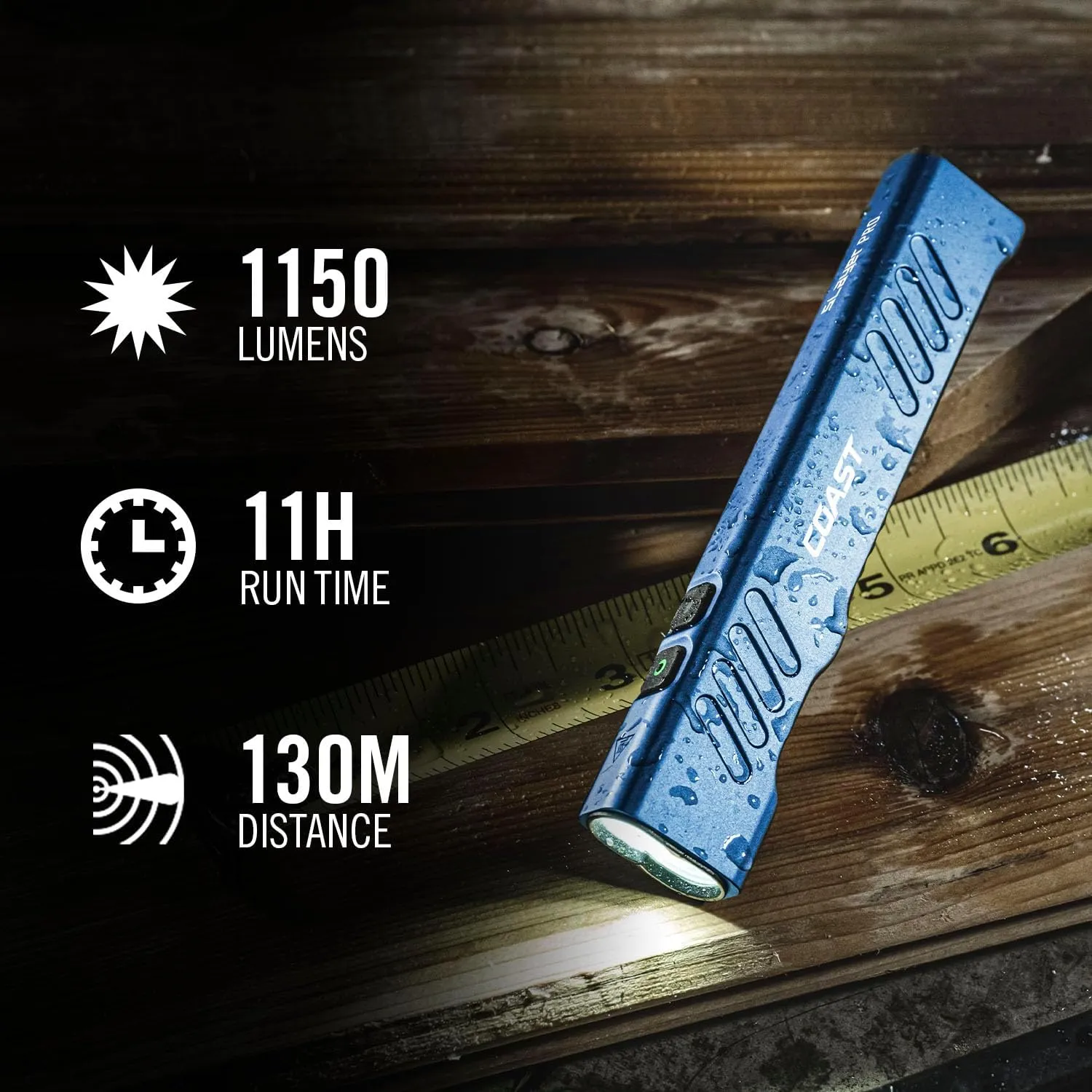 Coast Slayer 1150 Lumen USB-C Rechargeable LED Flashlight with Spot/Flood, Memory Mode and Pocket Clip, Blue