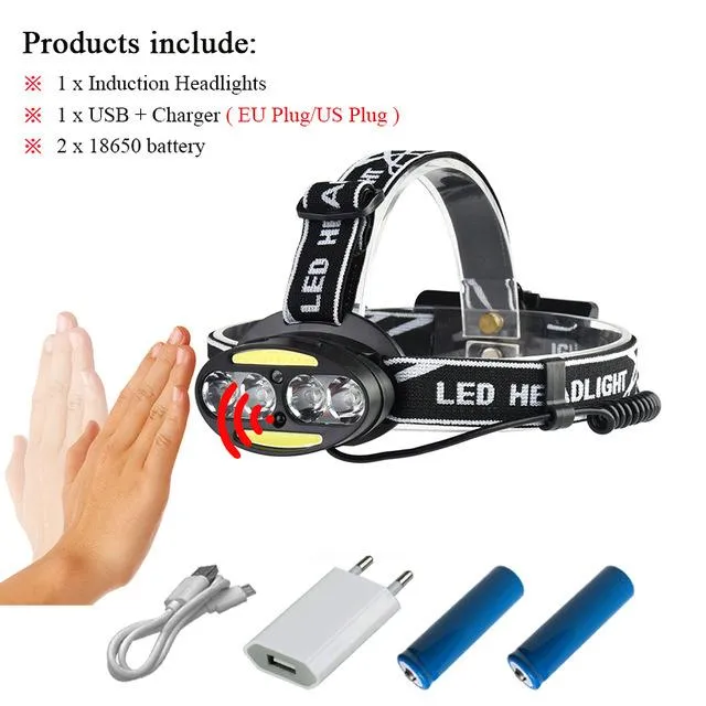 cob Infrared Induction led headlamp headlight xml t6 head flashlight torch USB rechargeable 18650 battery headtorch hoofdlamp