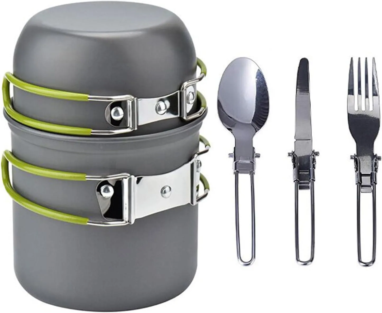 Collapsible Handle Camping Pot Space-saving Cookware 1 Set with Folding Spoon Fork Cutter Heavy Duty Aluminum Alloy Outdoor Picnic Hiking Backpacking