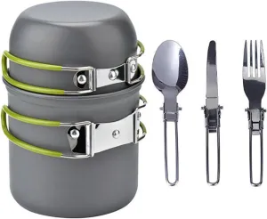 Collapsible Handle Camping Pot Space-saving Cookware 1 Set with Folding Spoon Fork Cutter Heavy Duty Aluminum Alloy Outdoor Picnic Hiking Backpacking