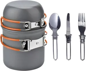 Collapsible Handle Camping Pot Space-saving Cookware 1 Set with Folding Spoon Fork Cutter Heavy Duty Aluminum Alloy Outdoor Picnic Hiking Backpacking