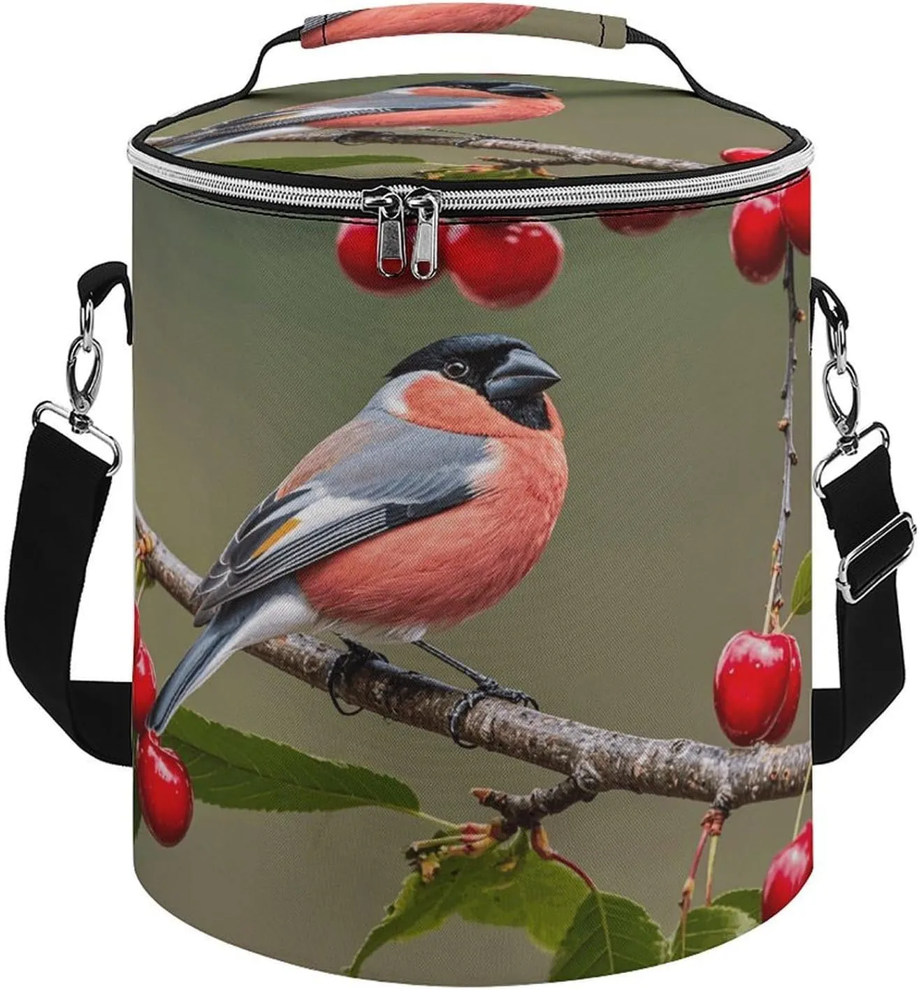Collapsible Insulated Cooler Bag Finch with Cherry Print Leakproof Soft Cooler Bag Round Casserole Carrier for Hot & Cold Food