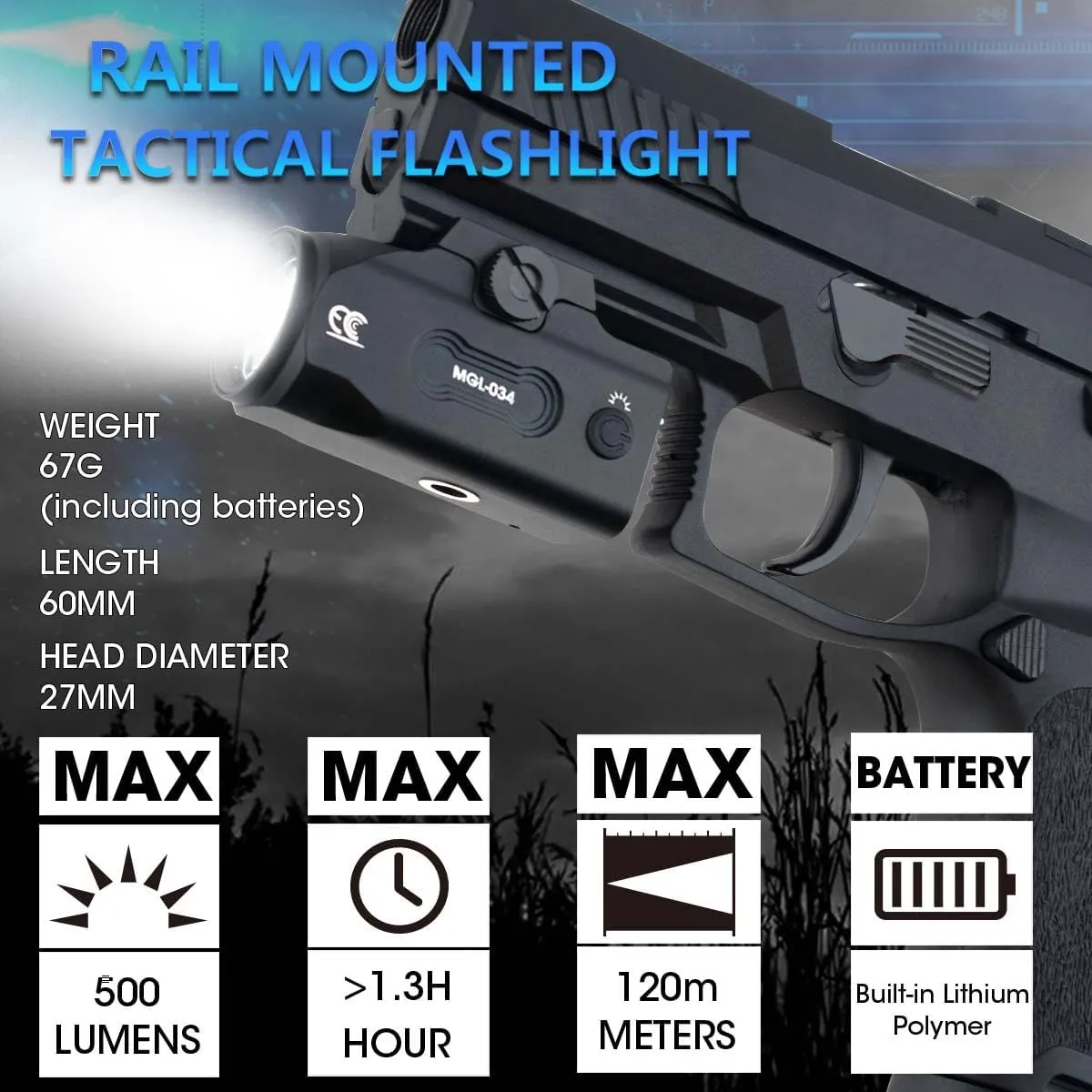 Compact Tactical Flashlight 500 High Lumens, Magnetic Rechargeable for Pistol,Handgun,Shotguns,Airsoft Light, Picatinny Rail Mounted Accessories