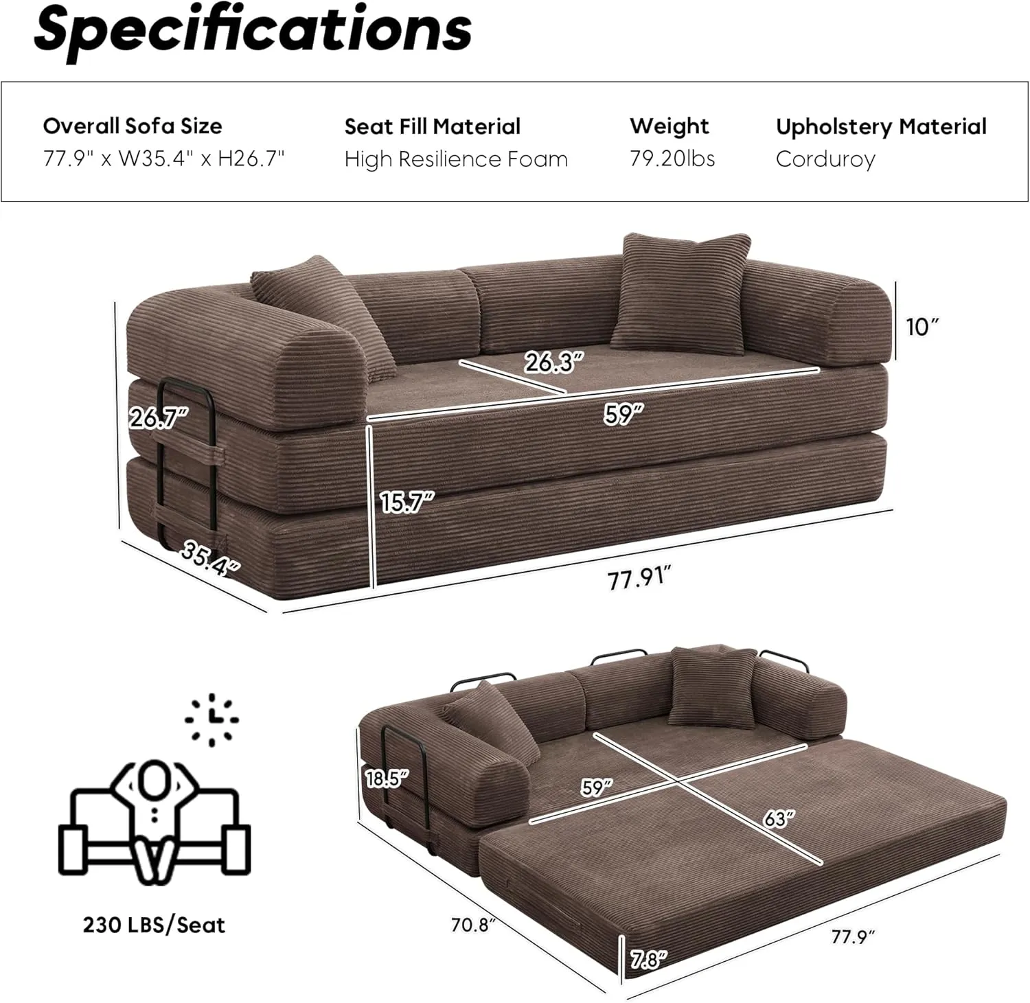 Convertible Folding Mattress Couch, Comfy Corduroy Sleeper Floor Sofa Bed with Fixed-Shape Frame, Floor Sofa with Armrest, Lounge Couch for Living Room Bedroom Lounge Studio,Brown