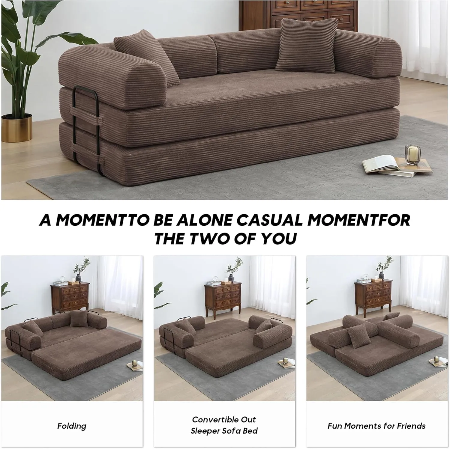 Convertible Folding Mattress Couch, Comfy Corduroy Sleeper Floor Sofa Bed with Fixed-Shape Frame, Floor Sofa with Armrest, Lounge Couch for Living Room Bedroom Lounge Studio,Brown