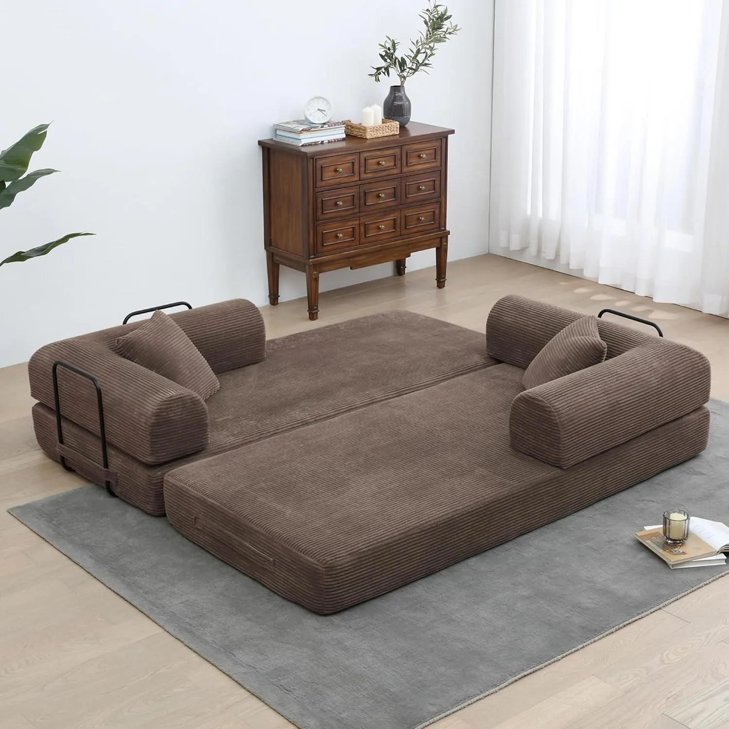 Convertible Folding Mattress Couch, Comfy Corduroy Sleeper Floor Sofa Bed with Fixed-Shape Frame, Floor Sofa with Armrest, Lounge Couch for Living Room Bedroom Lounge Studio,Brown
