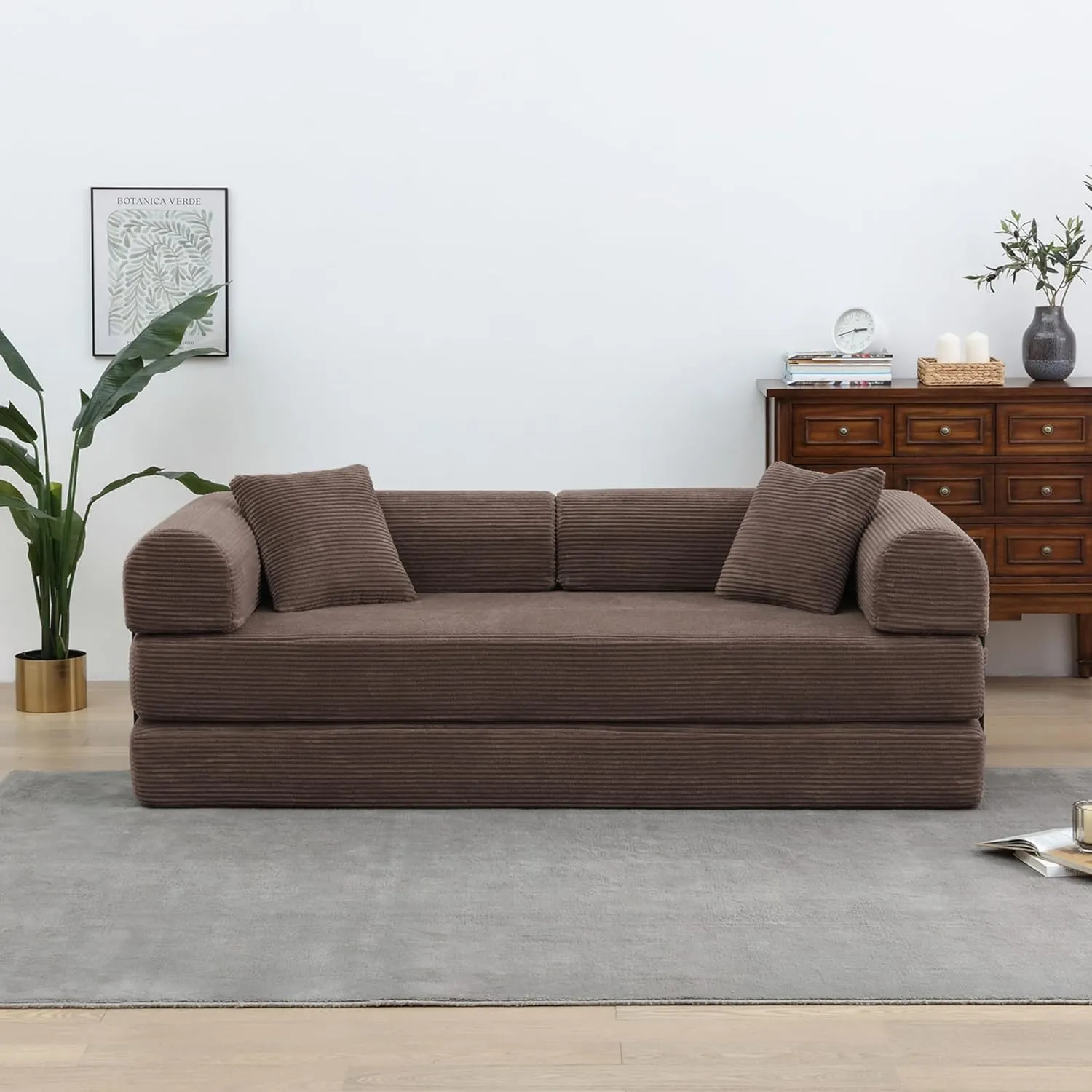Convertible Folding Mattress Couch, Comfy Corduroy Sleeper Floor Sofa Bed with Fixed-Shape Frame, Floor Sofa with Armrest, Lounge Couch for Living Room Bedroom Lounge Studio,Brown