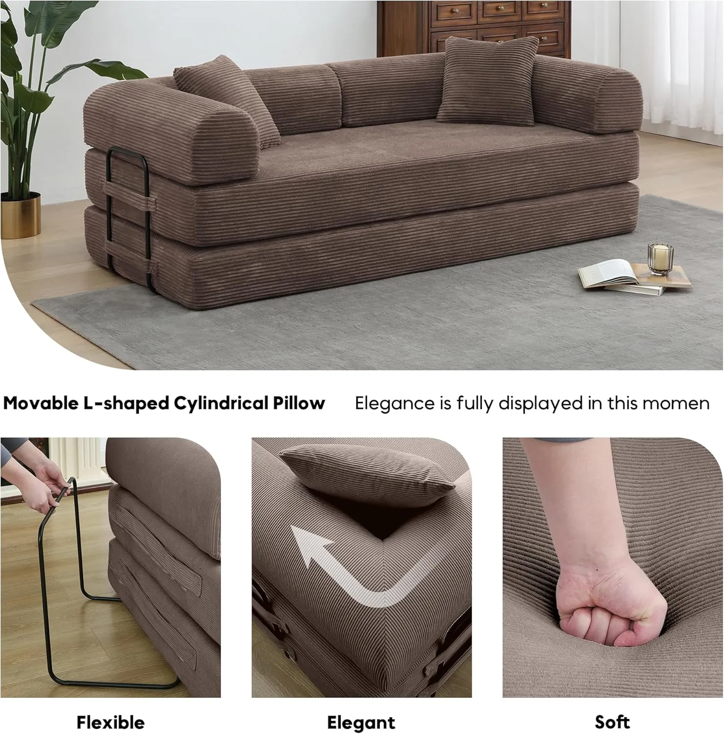 Convertible Folding Mattress Couch, Comfy Corduroy Sleeper Floor Sofa Bed with Fixed-Shape Frame, Floor Sofa with Armrest, Lounge Couch for Living Room Bedroom Lounge Studio,Brown