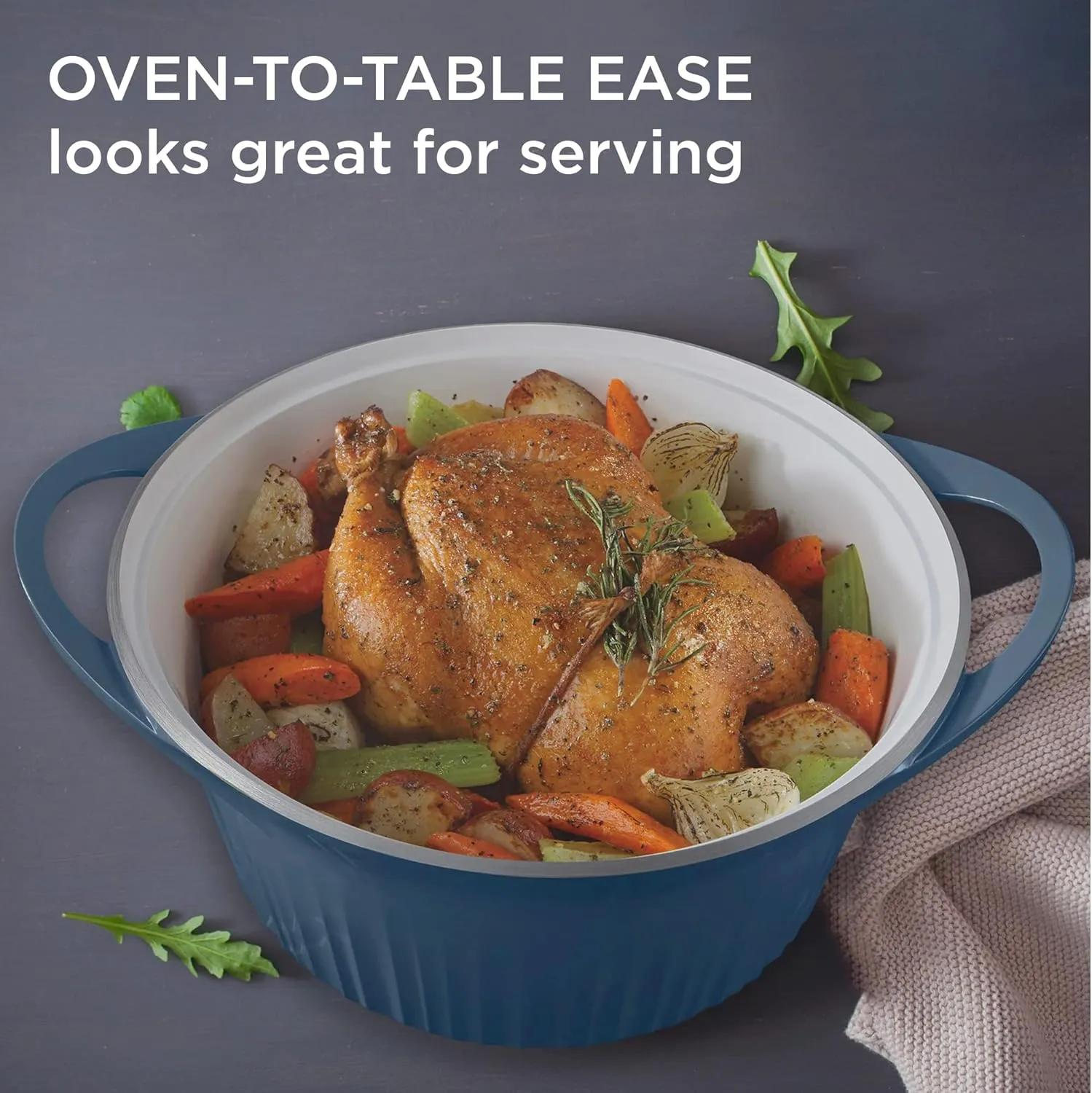 CorningWare, Non-Stick 5.5 Quart QuickHeat Dutch Oven Pot with Lid, Lightweight, Ceramic Non-Stick Interior Coating for Even Heat Cooking, Perfect for Baking, Frying, Searing and More, French Navy