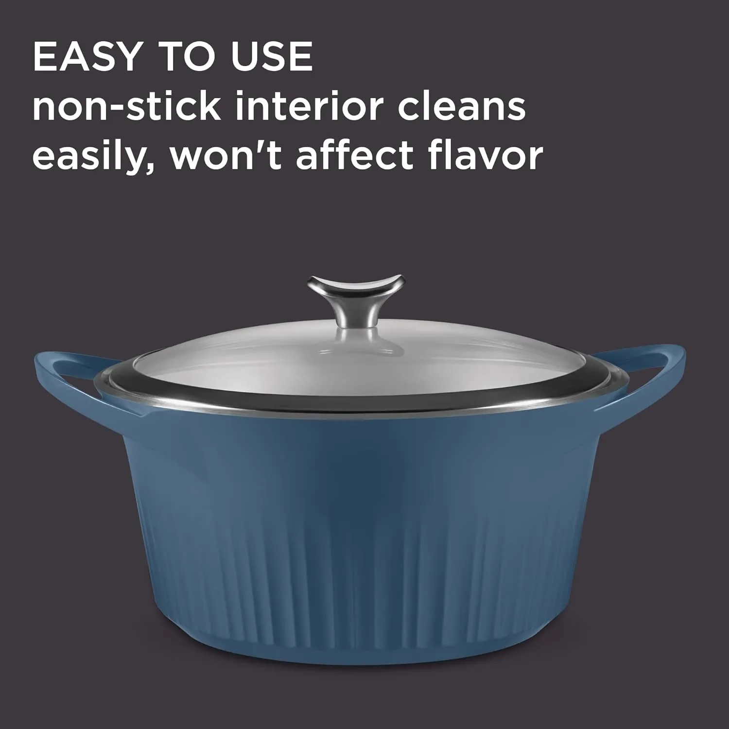 CorningWare, Non-Stick 5.5 Quart QuickHeat Dutch Oven Pot with Lid, Lightweight, Ceramic Non-Stick Interior Coating for Even Heat Cooking, Perfect for Baking, Frying, Searing and More, French Navy