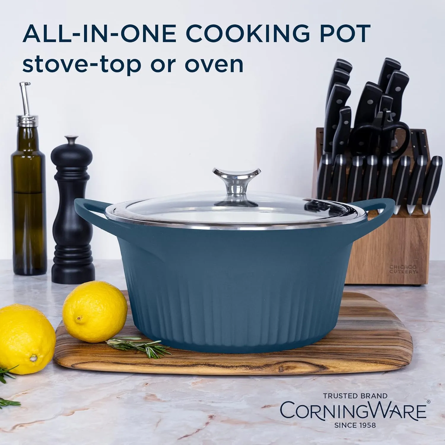 CorningWare, Non-Stick 5.5 Quart QuickHeat Dutch Oven Pot with Lid, Lightweight, Ceramic Non-Stick Interior Coating for Even Heat Cooking, Perfect for Baking, Frying, Searing and More, French Navy