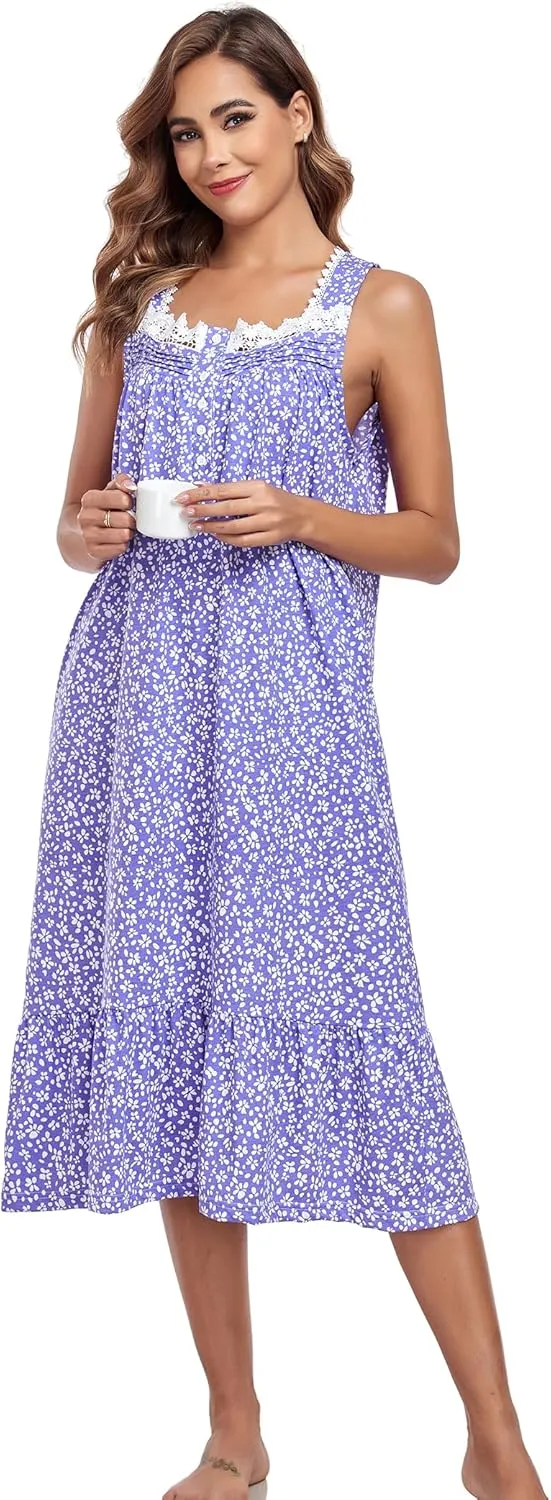 Cotton Nightgowns For Women Long House Dress Soft Sleepshirts With Pockets S-3XL