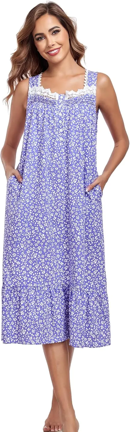Cotton Nightgowns For Women Long House Dress Soft Sleepshirts With Pockets S-3XL