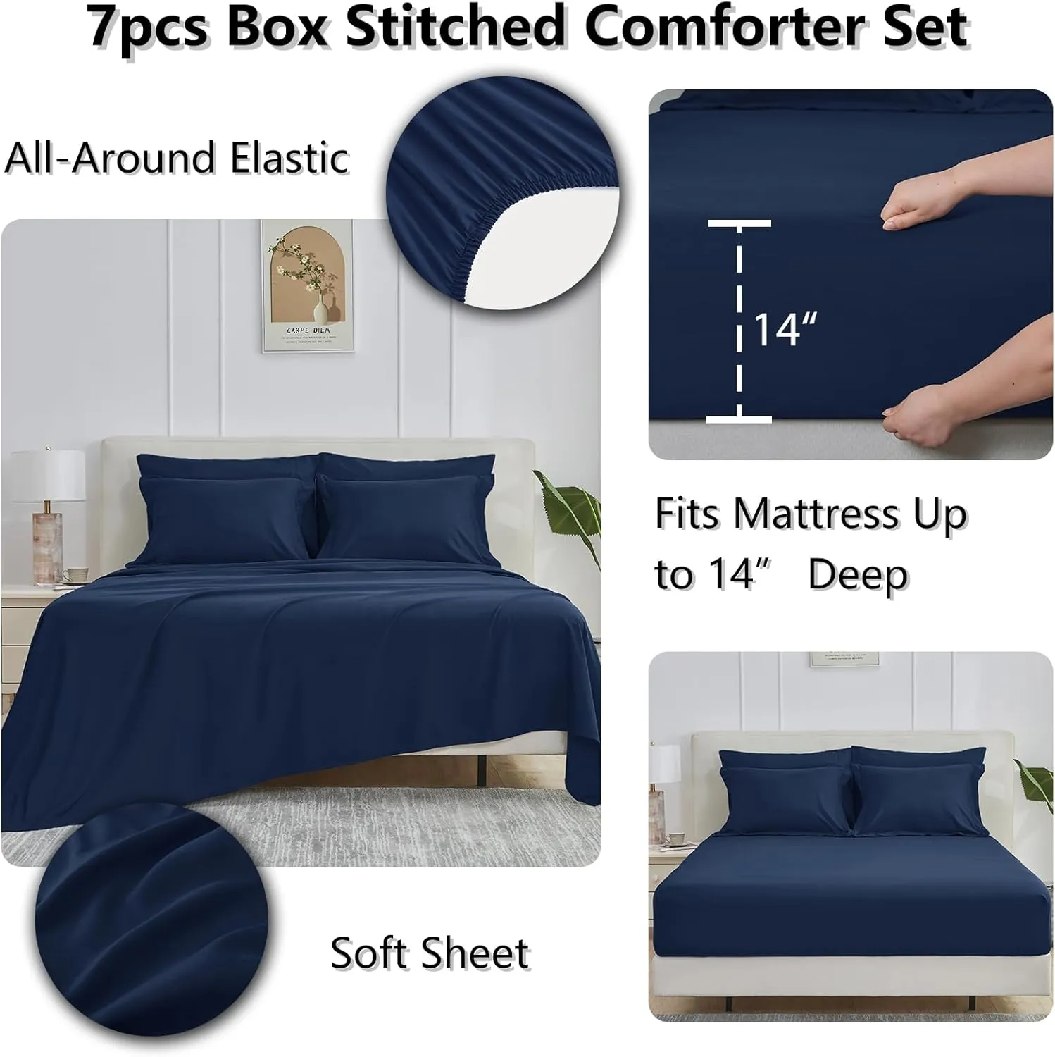 CozyLux King Size Comforter Set - 7 Pieces Bed in a Bag King, Complete Bedding Sets Bed Set for All Season with Comforter, Flat Sheets, Fitted Sheet, Pillowcases & Shams Navy Blue