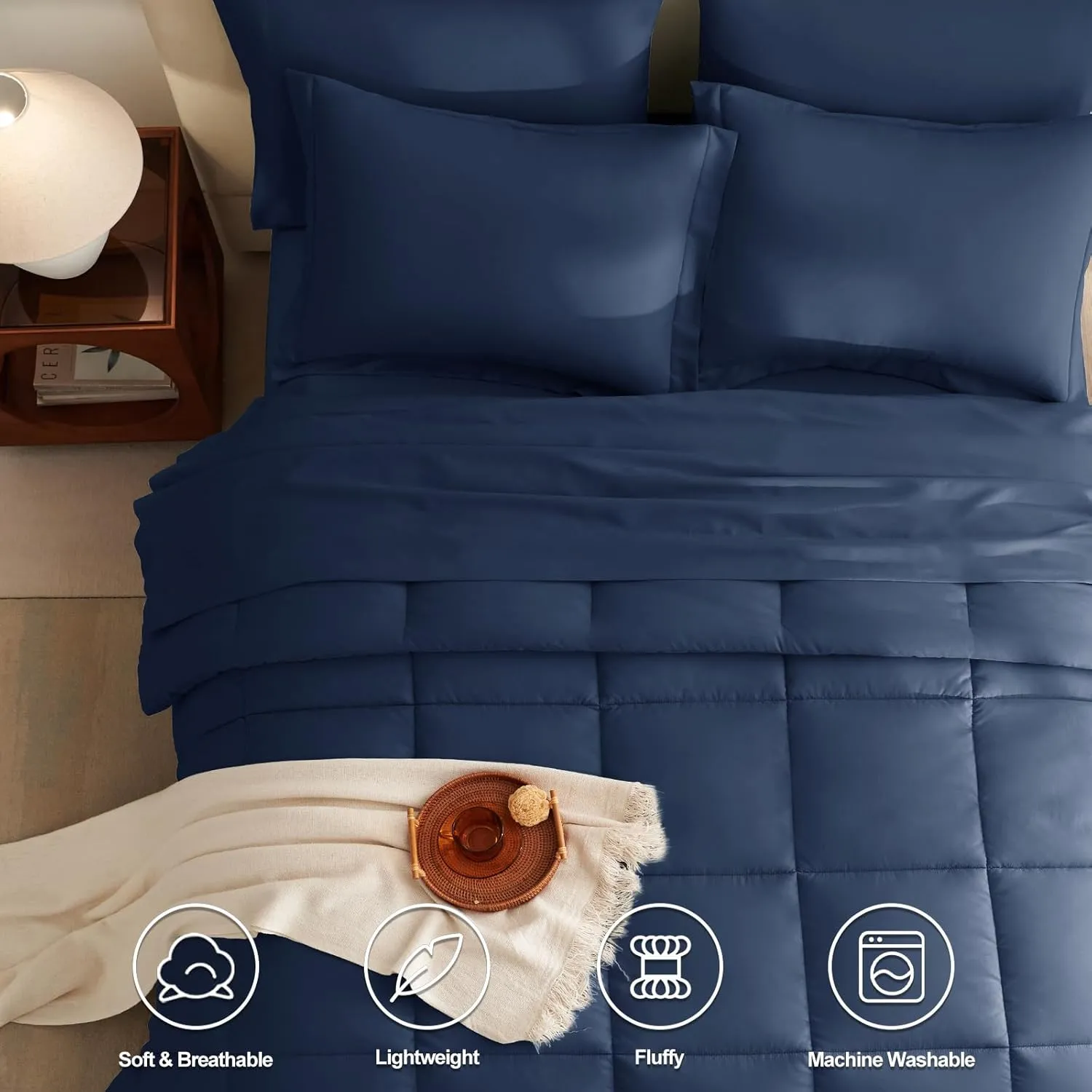 CozyLux King Size Comforter Set - 7 Pieces Bed in a Bag King, Complete Bedding Sets Bed Set for All Season with Comforter, Flat Sheets, Fitted Sheet, Pillowcases & Shams Navy Blue