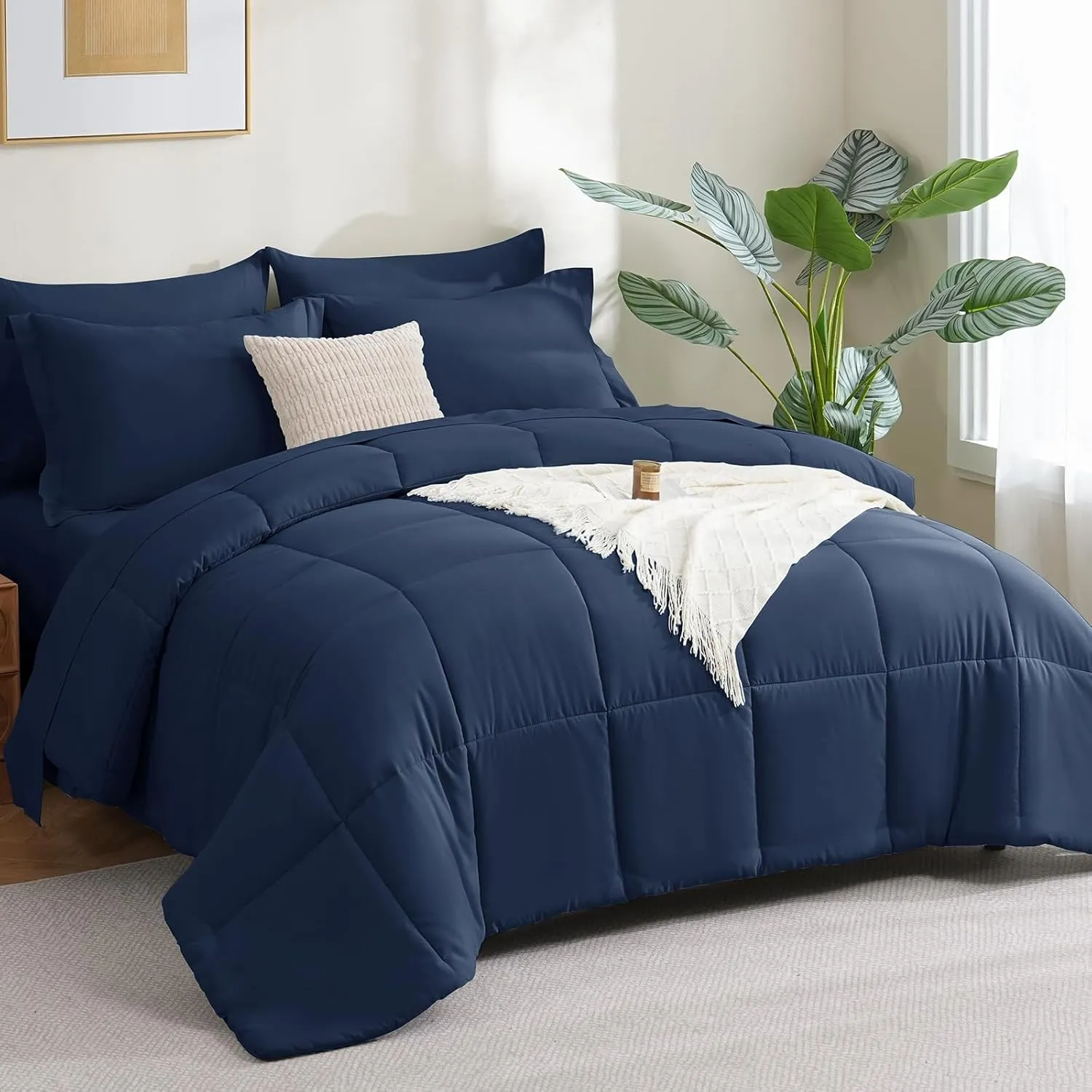 CozyLux King Size Comforter Set - 7 Pieces Bed in a Bag King, Complete Bedding Sets Bed Set for All Season with Comforter, Flat Sheets, Fitted Sheet, Pillowcases & Shams Navy Blue