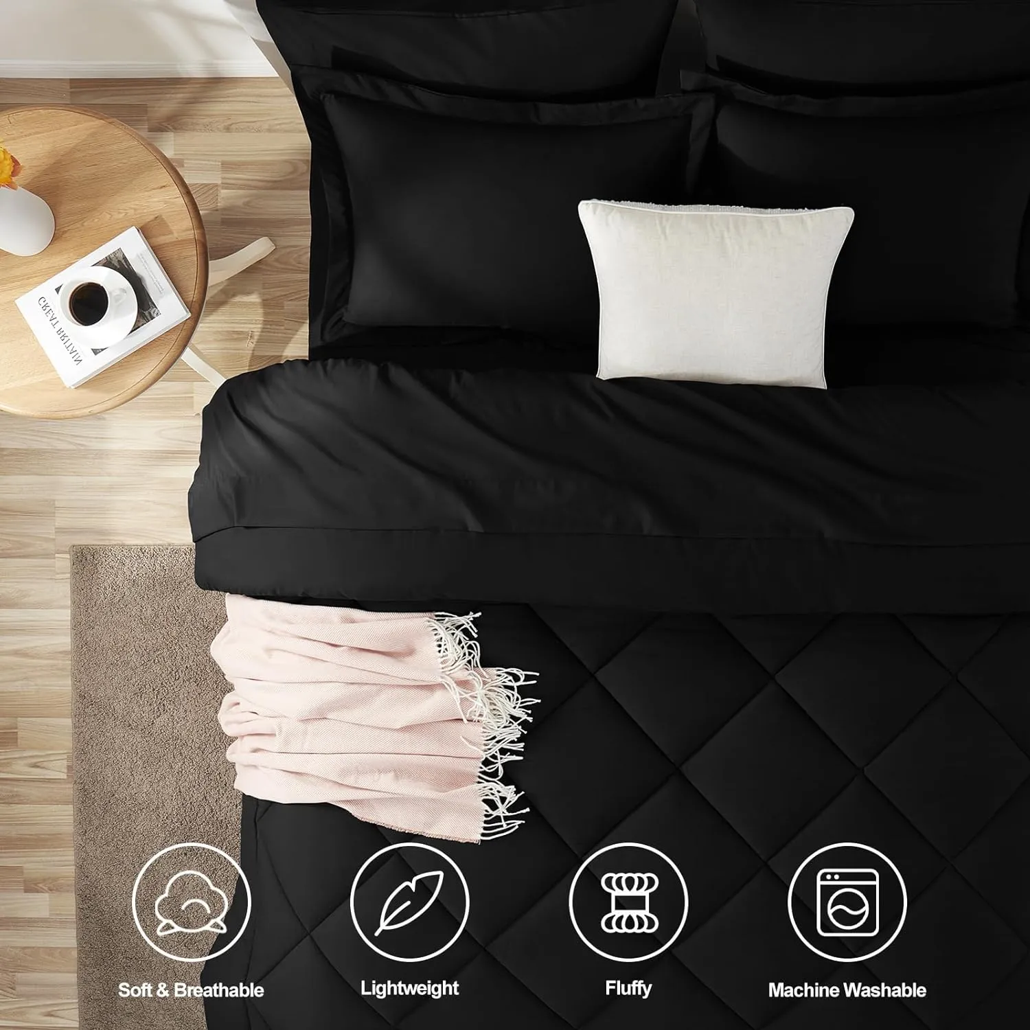 CozyLux Queen Comforter Set Black - Bed in a Bag Queen Size 7 Pieces, Luxury Soft Bed Set for All Seasons, Bedding Set with Down Alternative Comforter, Sheets, Pillowcases & Shams