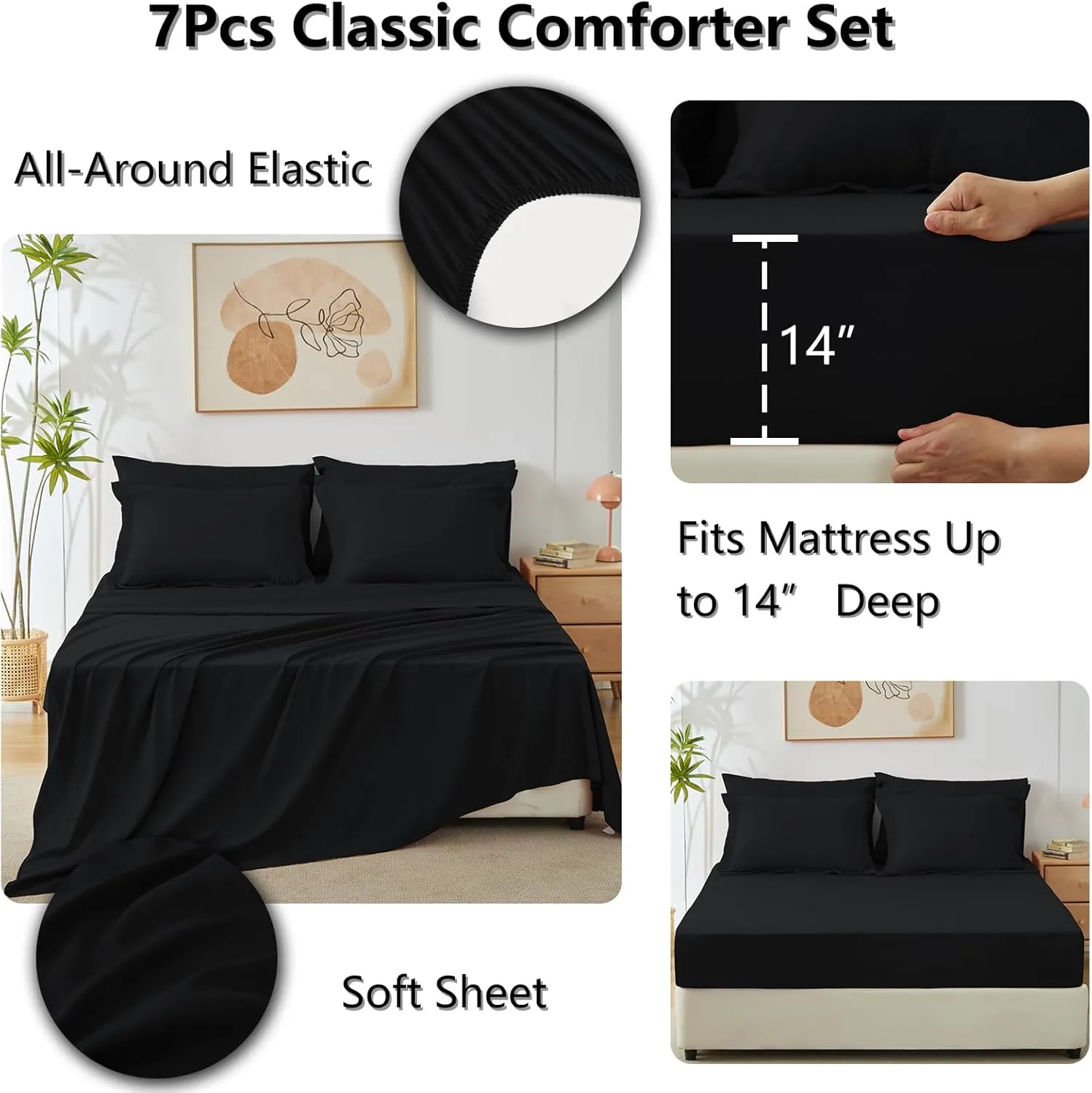 CozyLux Queen Comforter Set Black - Bed in a Bag Queen Size 7 Pieces, Luxury Soft Bed Set for All Seasons, Bedding Set with Down Alternative Comforter, Sheets, Pillowcases & Shams