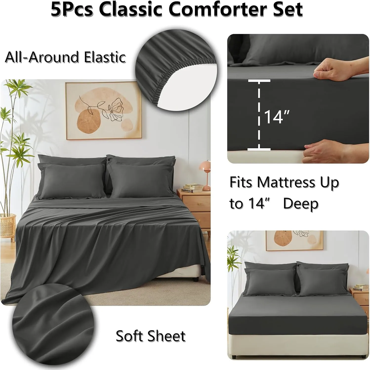 CozyLux Twin XL Size Comforter Set 5 Pieces Dark Grey Twin Extra Long Bed in a Bag for College Dorm All Season Bedding Sets with Comforter, Pillow Shams, Flat Sheet, Fitted Sheet and Pillowcases