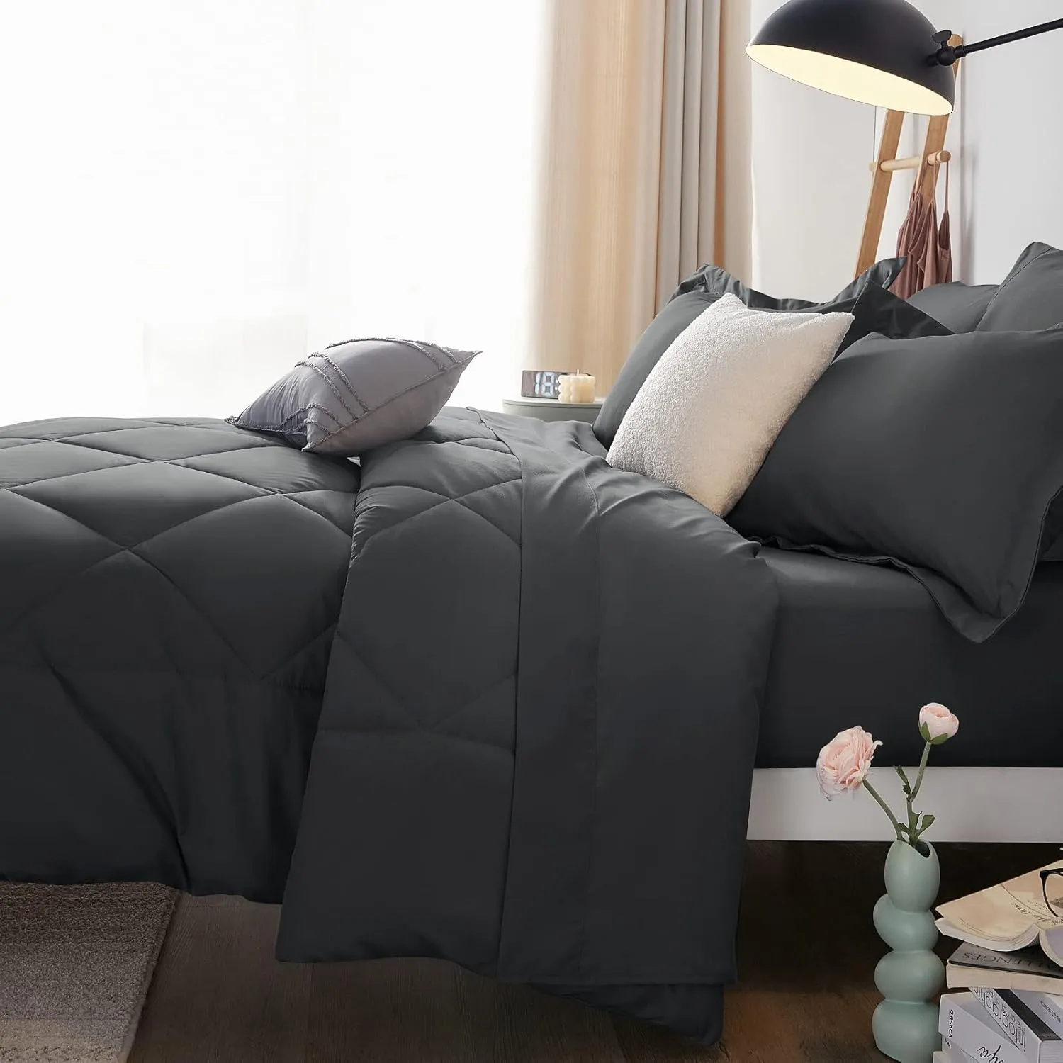 CozyLux Twin XL Size Comforter Set 5 Pieces Dark Grey Twin Extra Long Bed in a Bag for College Dorm All Season Bedding Sets with Comforter, Pillow Shams, Flat Sheet, Fitted Sheet and Pillowcases