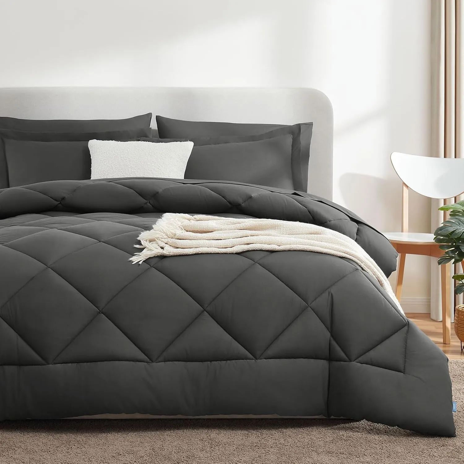 CozyLux Twin XL Size Comforter Set 5 Pieces Dark Grey Twin Extra Long Bed in a Bag for College Dorm All Season Bedding Sets with Comforter, Pillow Shams, Flat Sheet, Fitted Sheet and Pillowcases
