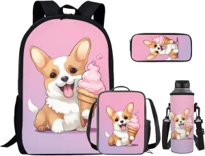 Cute Corgi 6Th Grade Backpack for Boys 17 Inch Backpack and Lunch Bag Pencil Case Water Bottle Sleeve Set for Girls Ideal for Students Go To School Extracurricular Activities