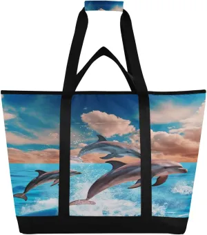 Cute Dolphins Reusable Insulated Lunchbox Cooler Bag, Leakproof Kitchen Grocery Bag Collapsible Portable Cooler Tote Bag for Picnic, Camping, Office, Travel