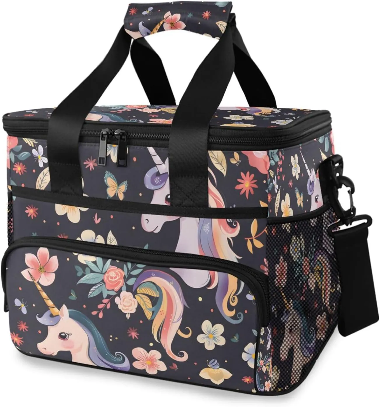 Cute Unicorn Flower Wreath Cooler Bag Insulated Cooler Soft Sided Cooler 24 Can Portable Picnic Bag Large Leakproof Lunch Bag Box for Beach Grocery Camping Travel Car Men Women
