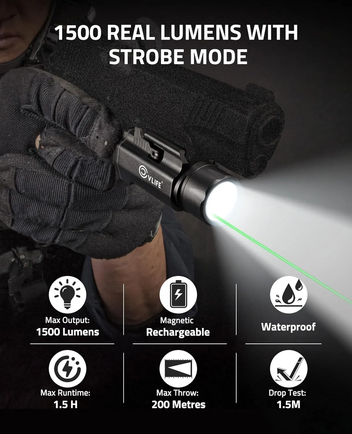 CVLIFE 1500 Lumens Laser Light Combo for Pistol, Strobe & Memory Function for Green Laser Light Combo and Picatinny Flashlight with Adjustable Rail Magnetic Rechargeable Compact Tactical Flashlight