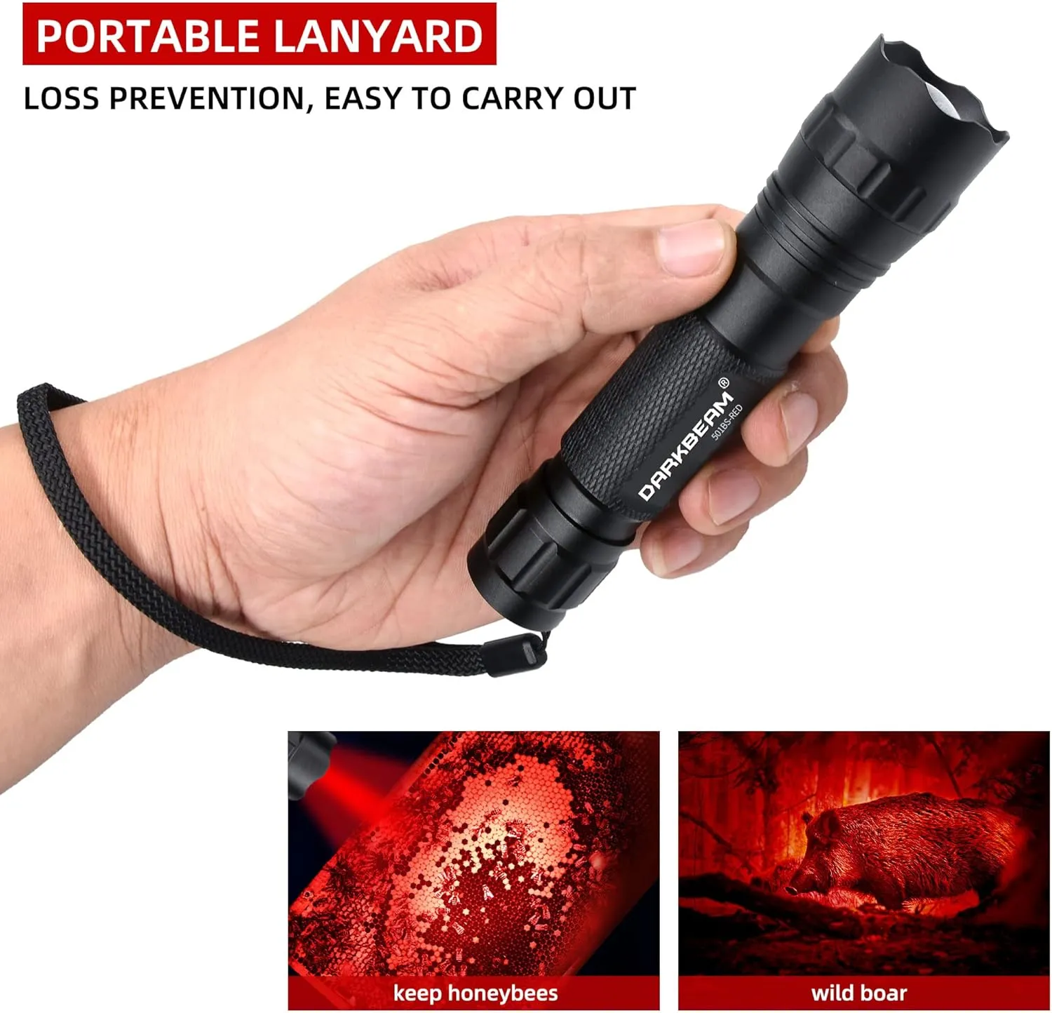 DARKBEAM Red Light Flashlight Tactical LED Rechargeable, Zoomable Portable Handheld Red-Light for Fishing Hunting Detector Astrophotography