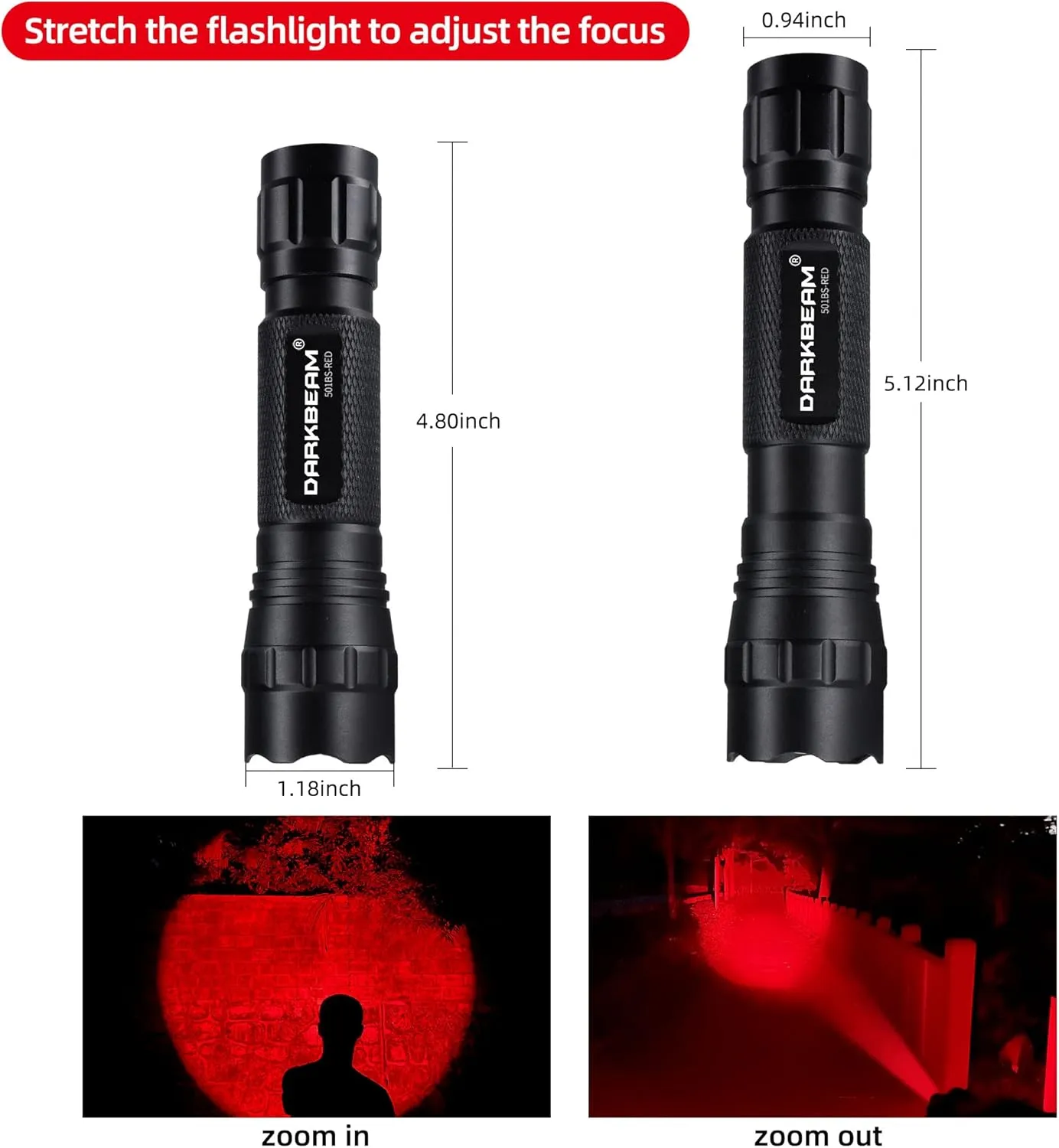 DARKBEAM Red Light Flashlight Tactical LED Rechargeable, Zoomable Portable Handheld Red-Light for Fishing Hunting Detector Astrophotography