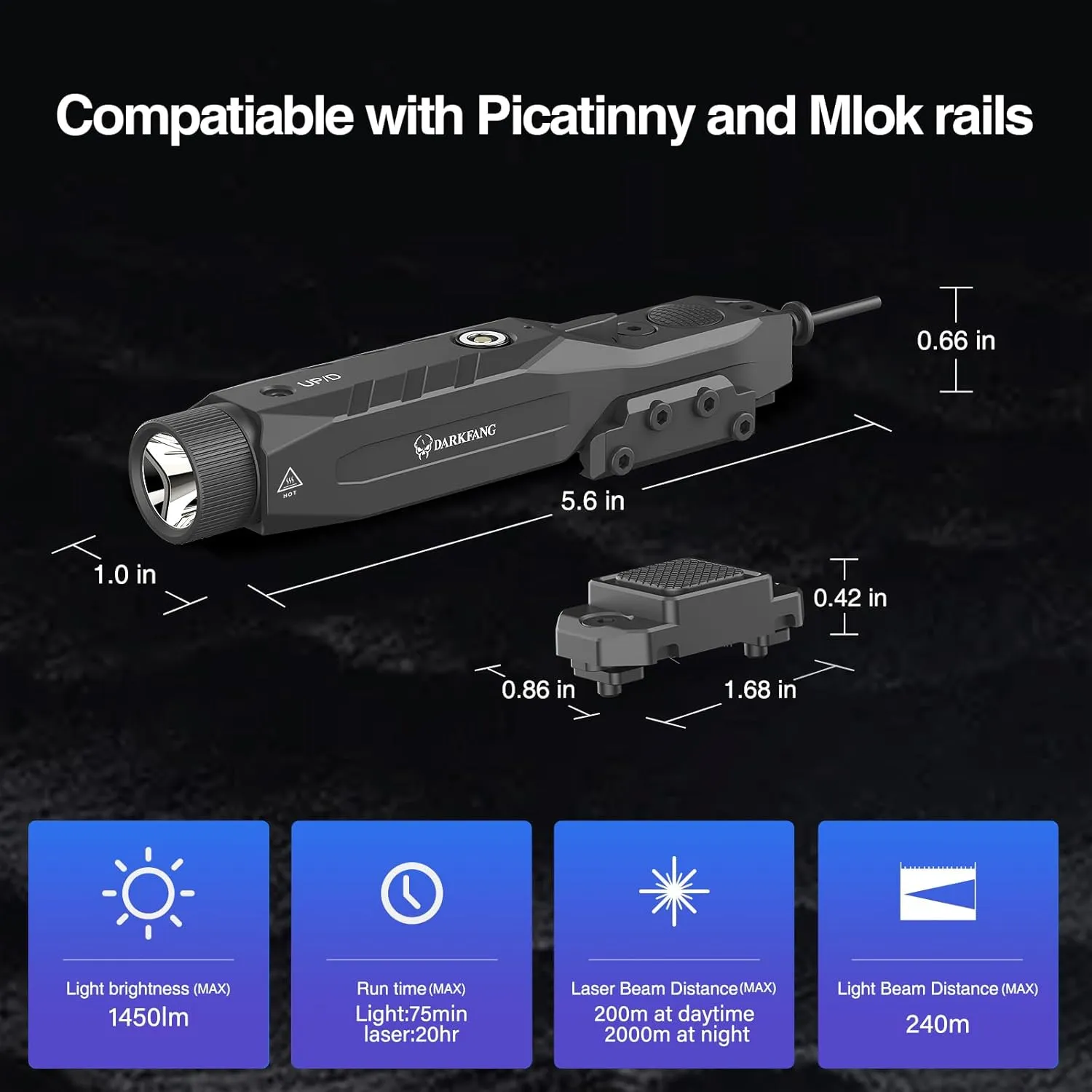 DARKFANG Mlok and Picatinny Flashlight and Laser Combo for Rifle, 1450 Lumen Weapon Light with Removeable Pressure Switch