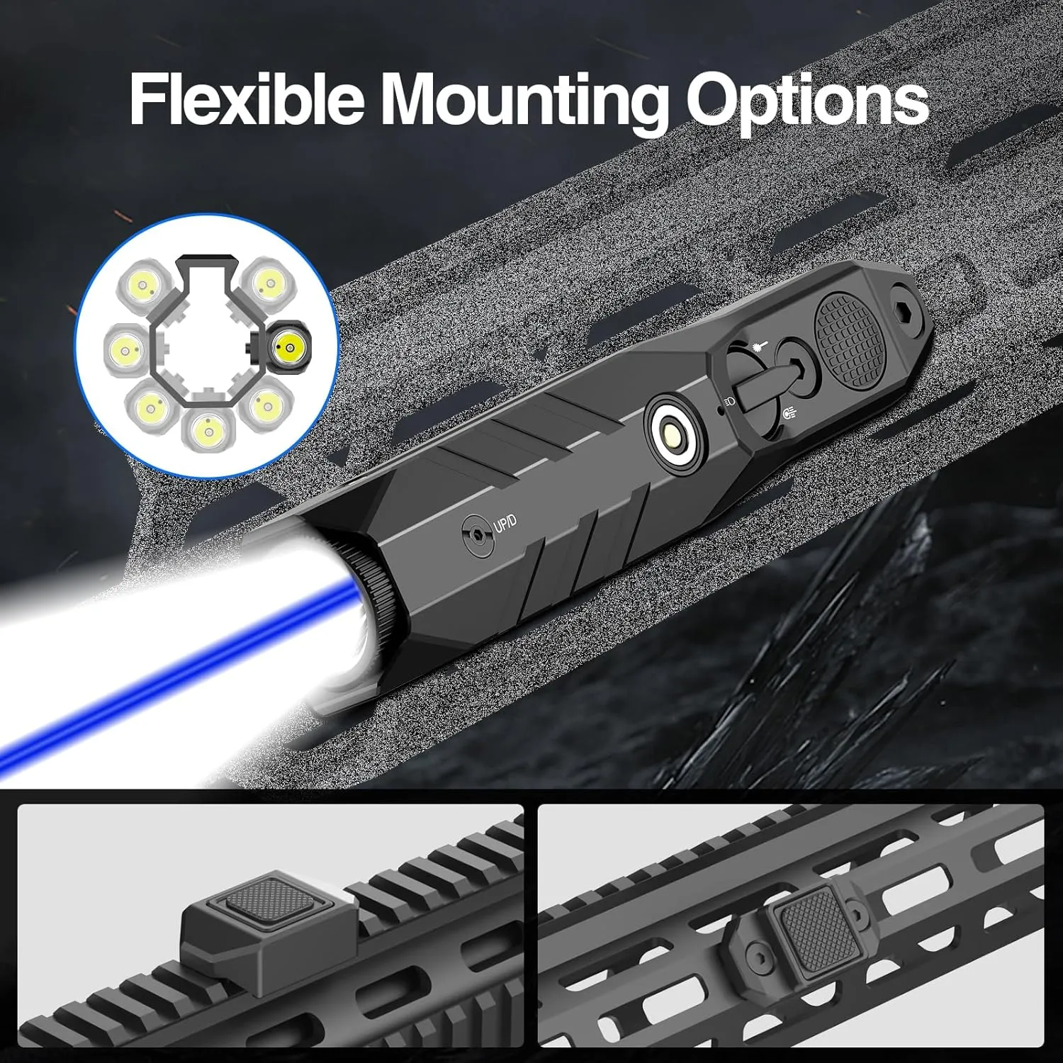 DARKFANG Tactical Flashlight and Blue Laser Combo for Rifle, 1450 Lumen Weapon Light with Removeable Pressure Switch for Mlok Rail