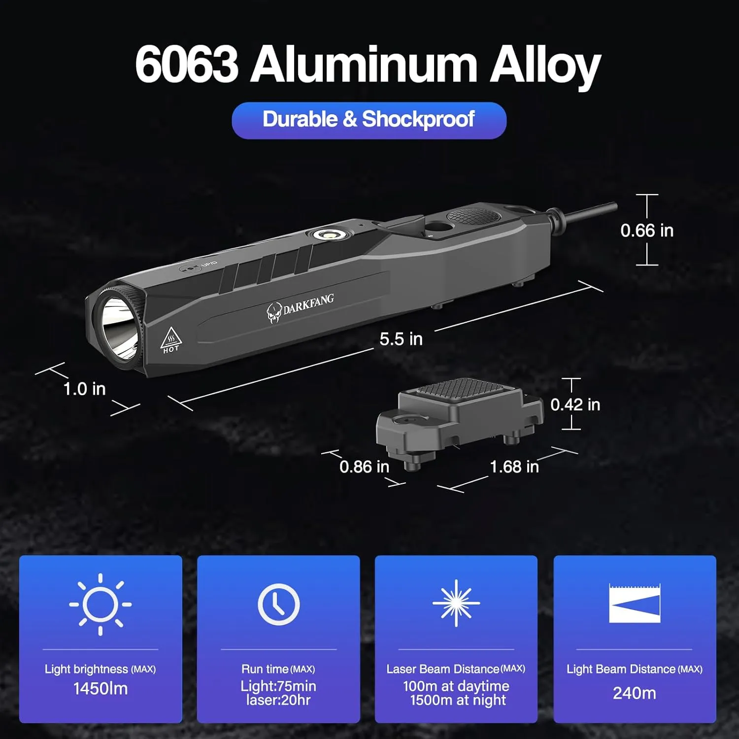 DARKFANG Tactical Flashlight and Blue Laser Combo for Rifle, 1450 Lumen Weapon Light with Removeable Pressure Switch for Mlok Rail