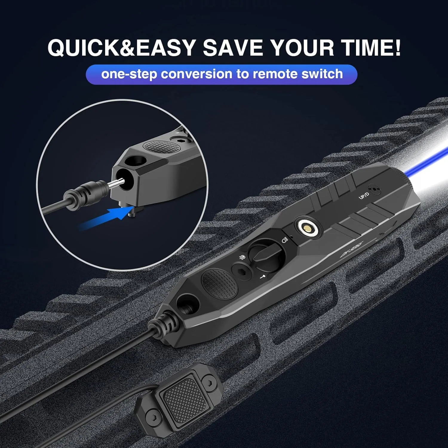 DARKFANG Tactical Flashlight and Blue Laser Combo for Rifle, 1450 Lumen Weapon Light with Removeable Pressure Switch for Mlok Rail