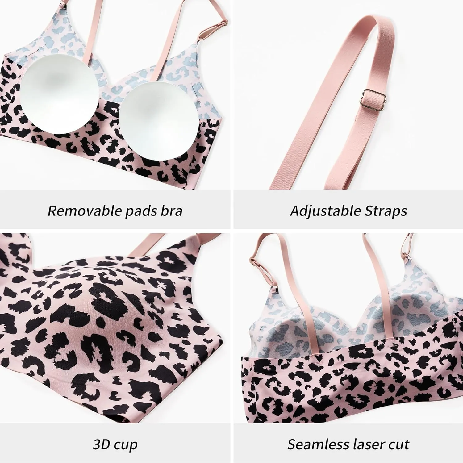 DEANGELMON V Neck Bra Padded Seamless Adjustable Straps Bralettes Everyday Basic Sleeping Bras Multiple Pack
