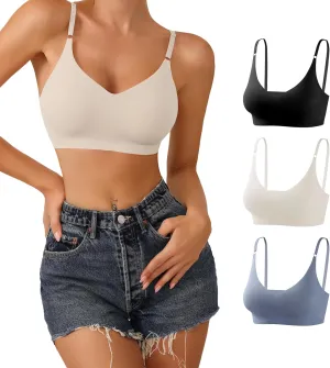 DEANGELMON V Neck Bra Padded Seamless Adjustable Straps Bralettes Everyday Basic Sleeping Bras Multiple Pack