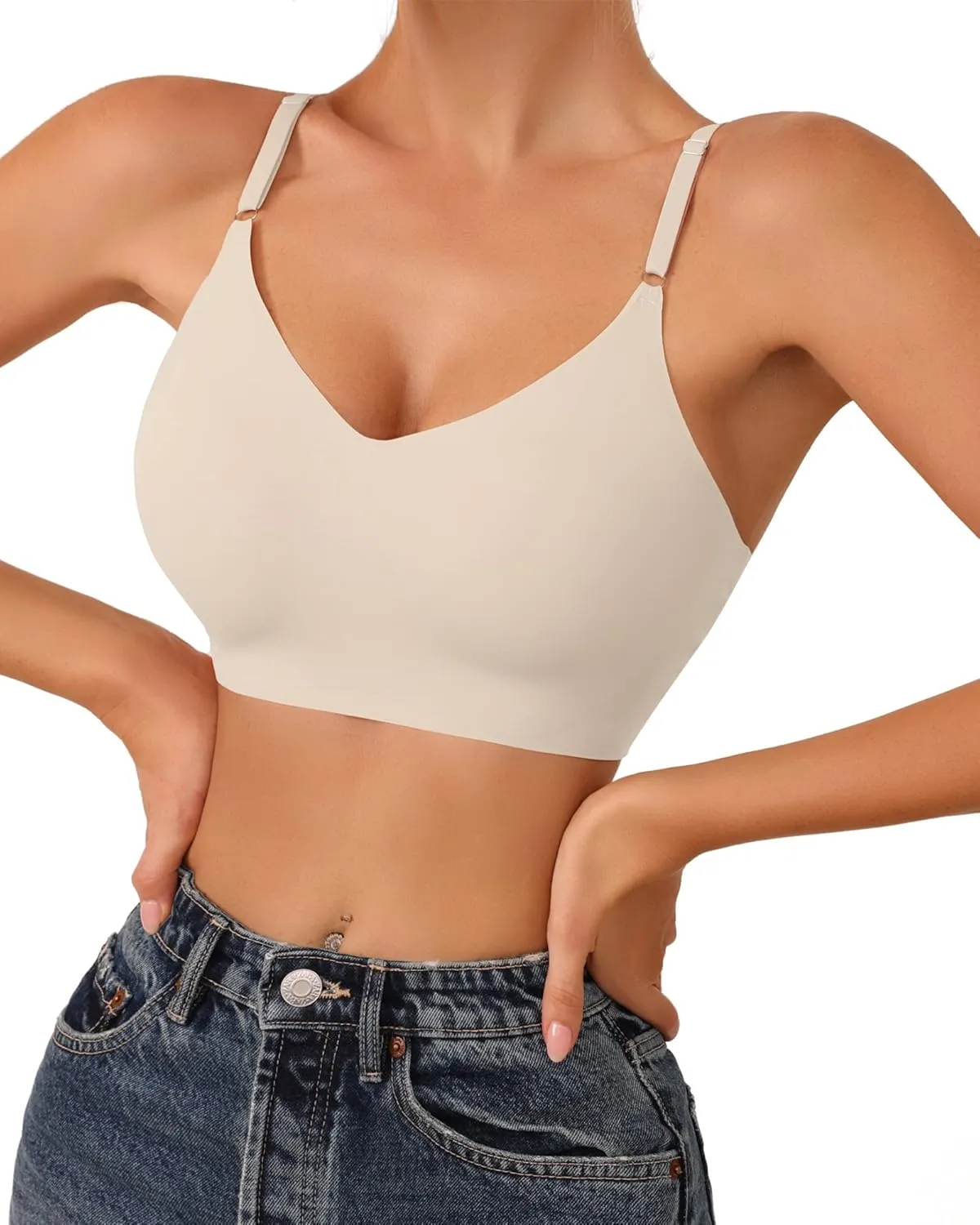 DEANGELMON V Neck Bra Padded Seamless Adjustable Straps Bralettes Everyday Basic Sleeping Bras Multiple Pack