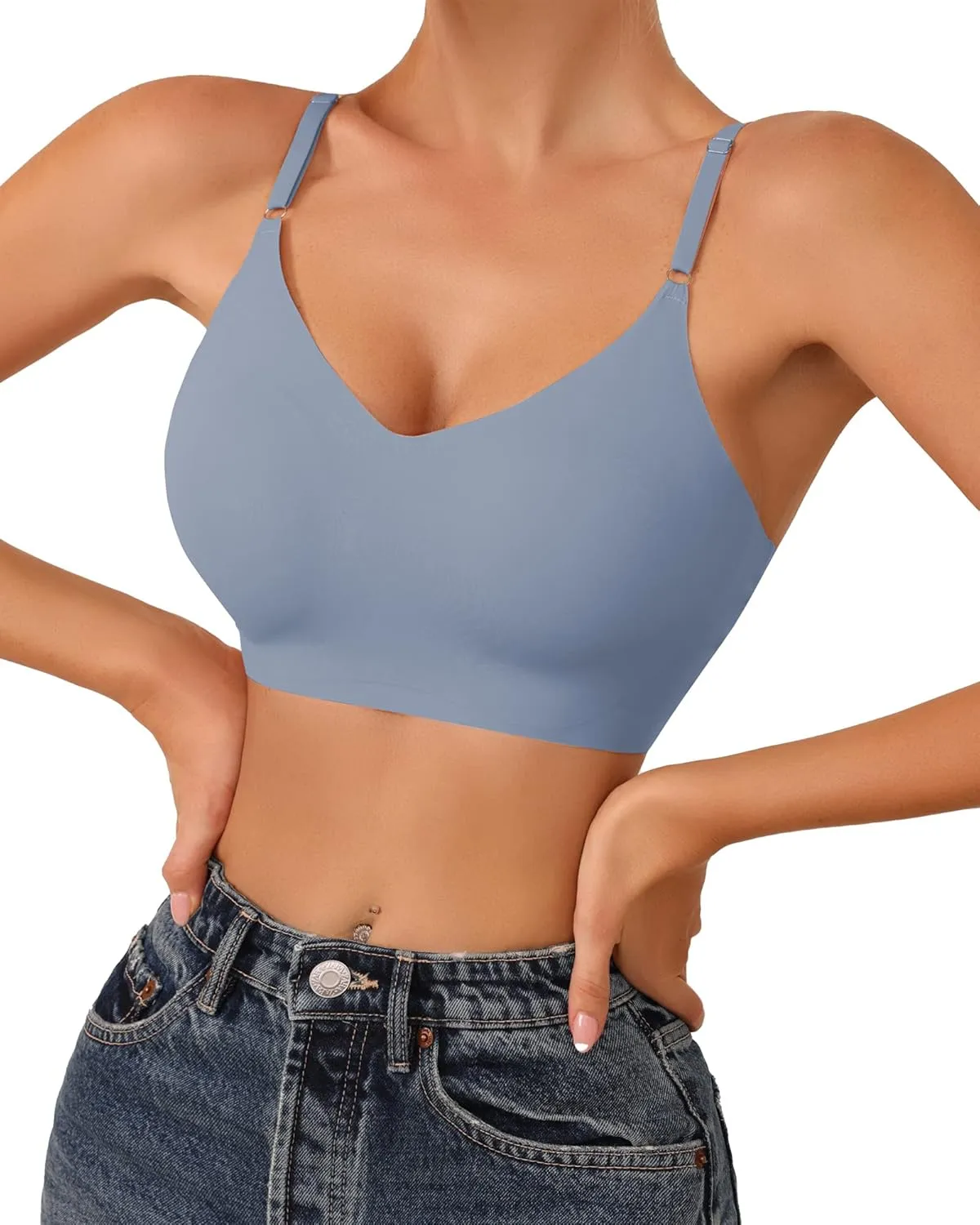 DEANGELMON V Neck Bra Padded Seamless Adjustable Straps Bralettes Everyday Basic Sleeping Bras Multiple Pack