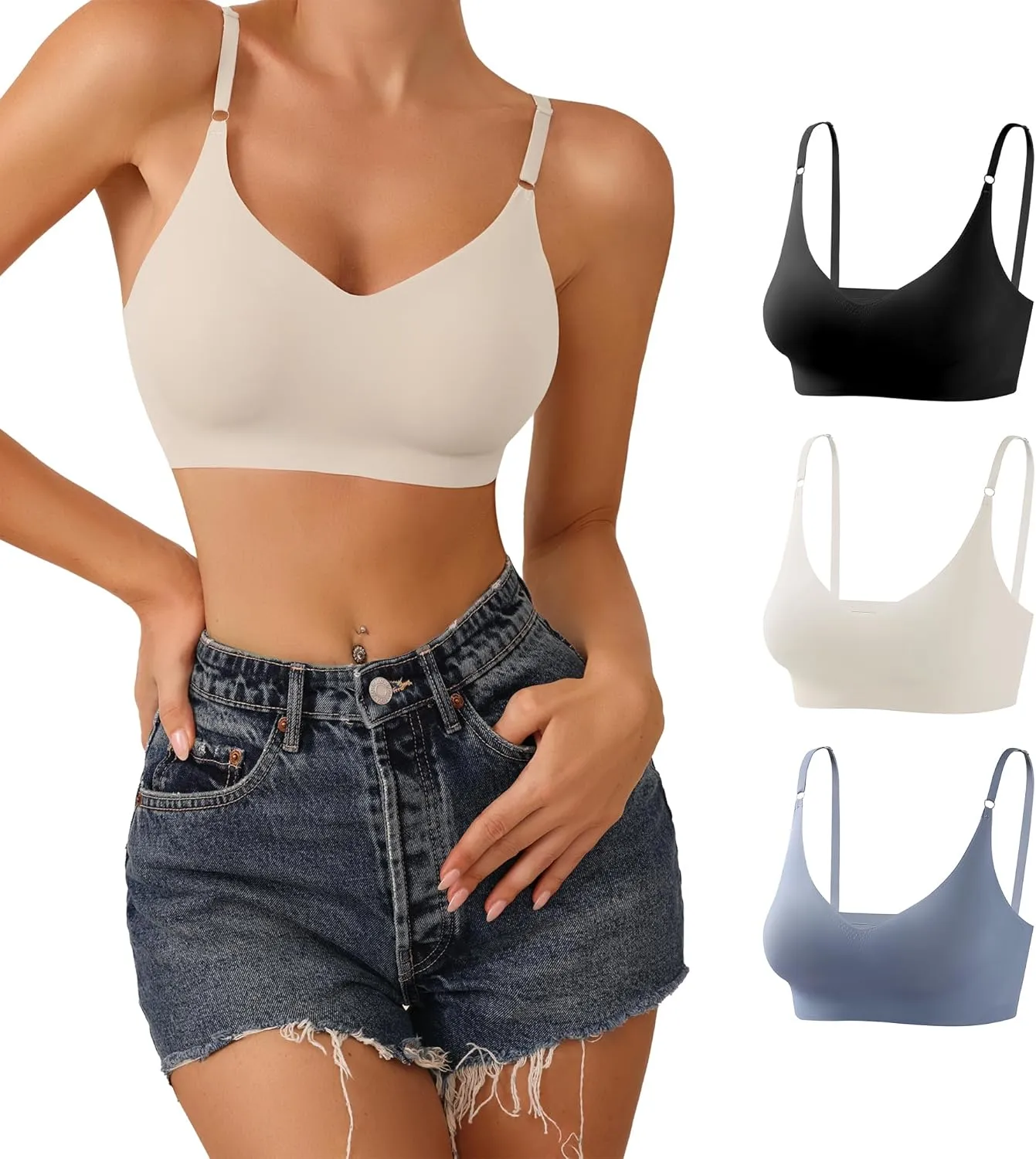 DEANGELMON V Neck Bra Padded Seamless Adjustable Straps Bralettes Everyday Basic Sleeping Bras Multiple Pack