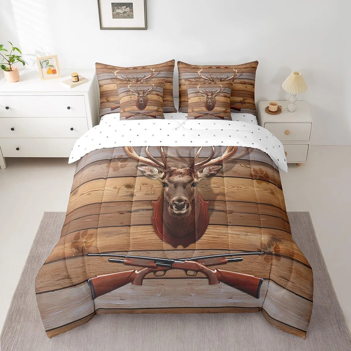 Deer Hunting 7 Piece Comforter Set Full Bed in a Bag,Shotgun Western Bedding Sets Retro Brown Lodge Cabin Rustic Antler Woodland Wildlife Moose Elk Reindeer Farmhouse Sheet Set with Comforter