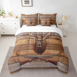 Deer Hunting 7 Piece Comforter Set Full Bed in a Bag,Shotgun Western Bedding Sets Retro Brown Lodge Cabin Rustic Antler Woodland Wildlife Moose Elk Reindeer Farmhouse Sheet Set with Comforter