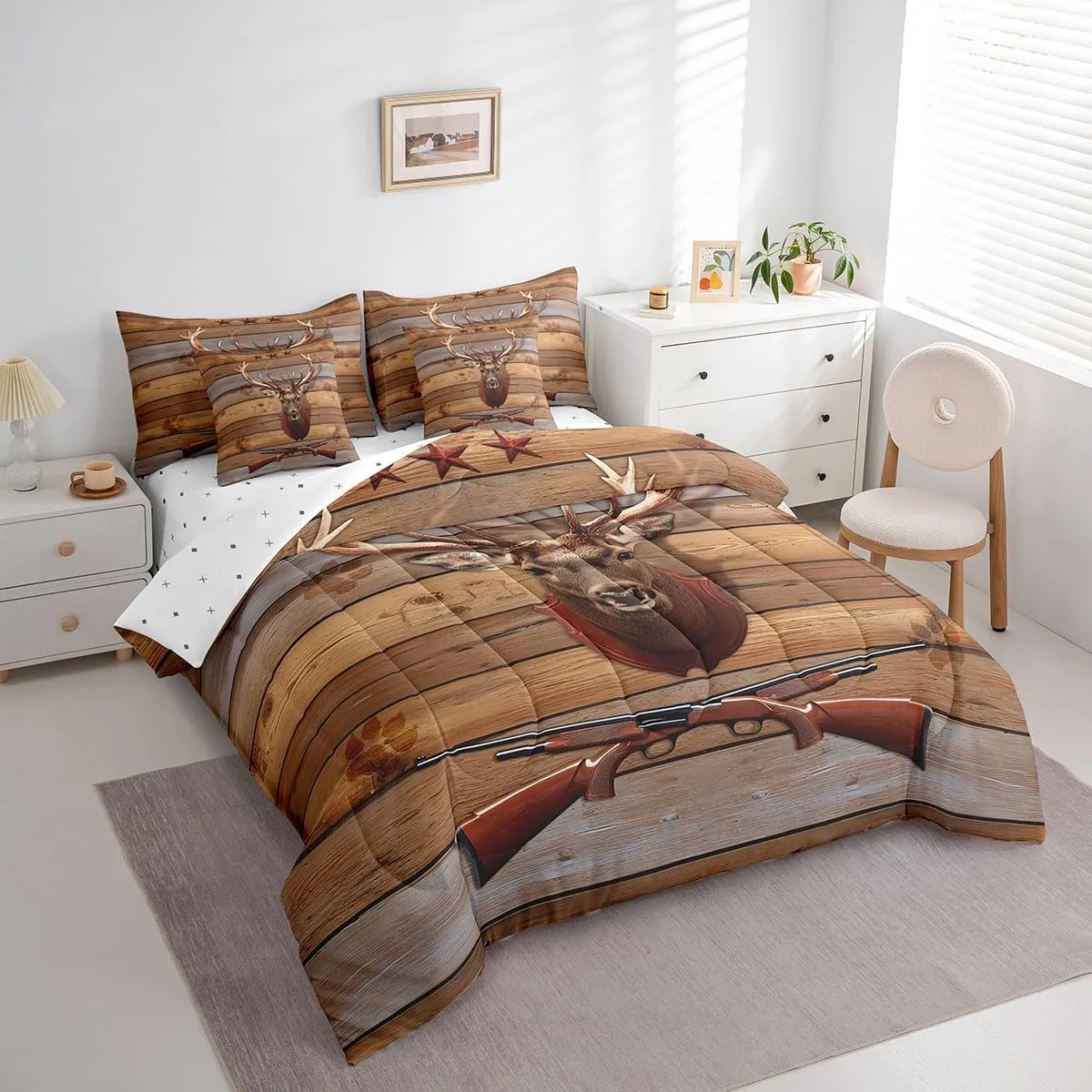 Deer Hunting 7 Piece Comforter Set Full Bed in a Bag,Shotgun Western Bedding Sets Retro Brown Lodge Cabin Rustic Antler Woodland Wildlife Moose Elk Reindeer Farmhouse Sheet Set with Comforter