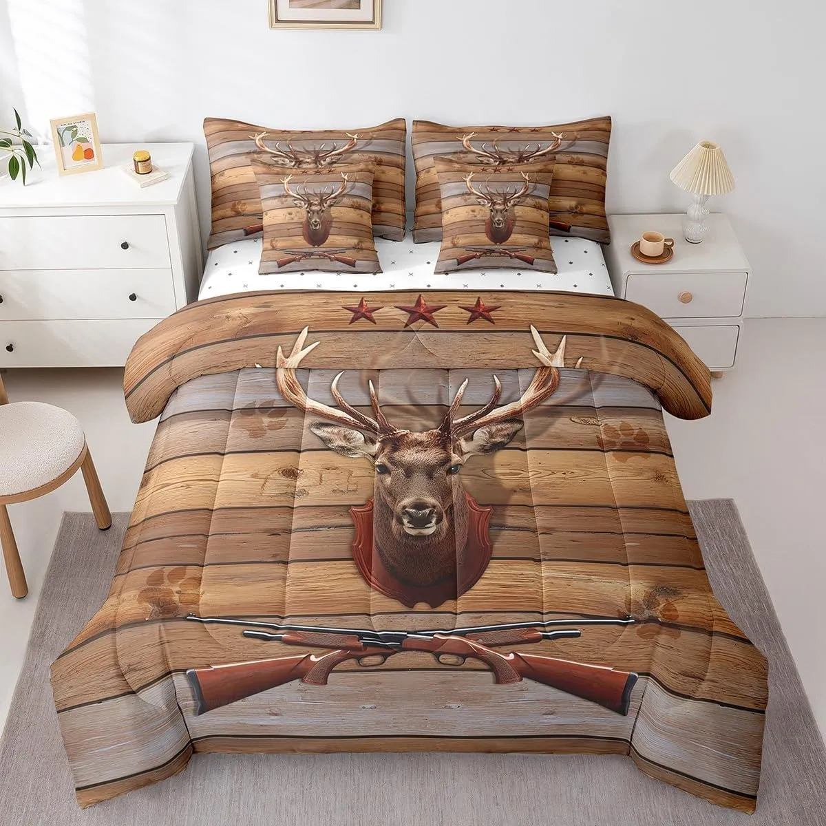 Deer Hunting 7 Piece Comforter Set Full Bed in a Bag,Shotgun Western Bedding Sets Retro Brown Lodge Cabin Rustic Antler Woodland Wildlife Moose Elk Reindeer Farmhouse Sheet Set with Comforter