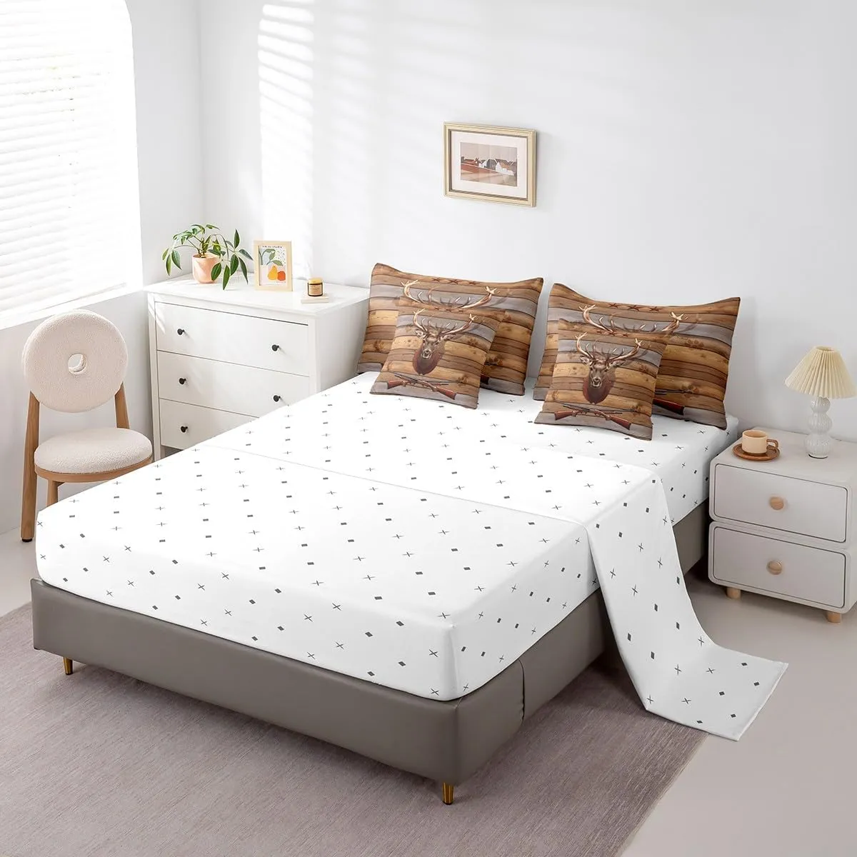 Deer Hunting 7 Piece Comforter Set Full Bed in a Bag,Shotgun Western Bedding Sets Retro Brown Lodge Cabin Rustic Antler Woodland Wildlife Moose Elk Reindeer Farmhouse Sheet Set with Comforter